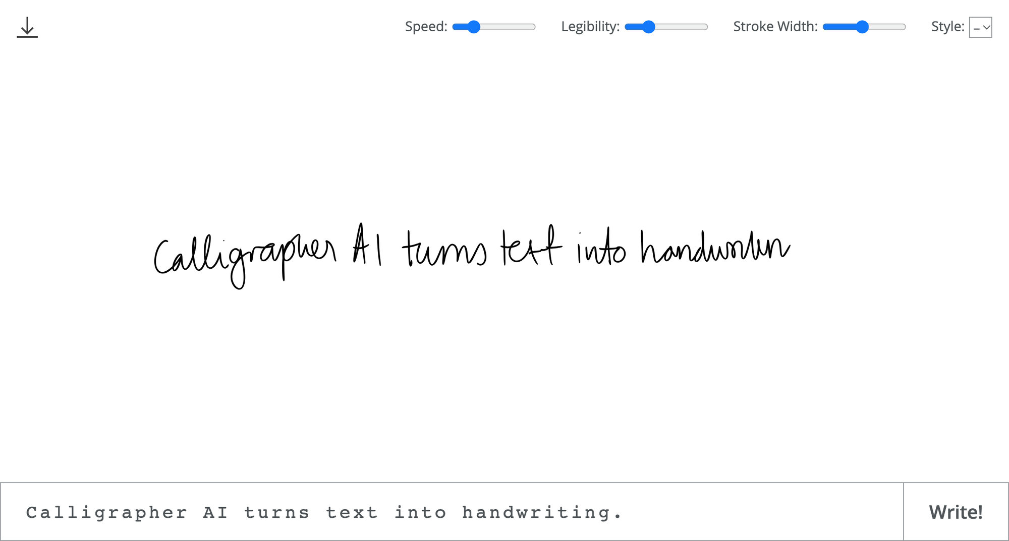 Interfaz de Calligrapher.ai con controles de velocidad, legibilidad, grosor y estilo, y una frase convertida en escritura manuscrita.