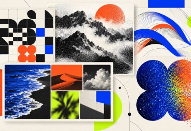 Composición editorial que reúne cinco herramientas generativas: tipografía modular, dithering, pinceladas SVG, retícula de imágenes y gráficos de partículas.