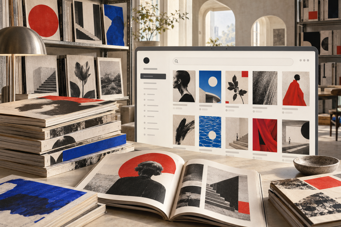 Composición de revistas impresas junto a una interfaz de archivo digital con búsqueda y portadas.