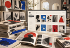 Composición de revistas impresas junto a una interfaz de archivo digital con búsqueda y portadas.