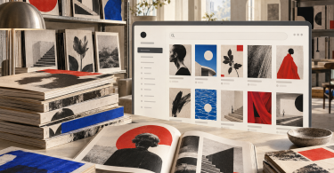 Composición de revistas impresas junto a una interfaz de archivo digital con búsqueda y portadas.