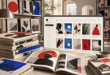 Composición de revistas impresas junto a una interfaz de archivo digital con búsqueda y portadas.