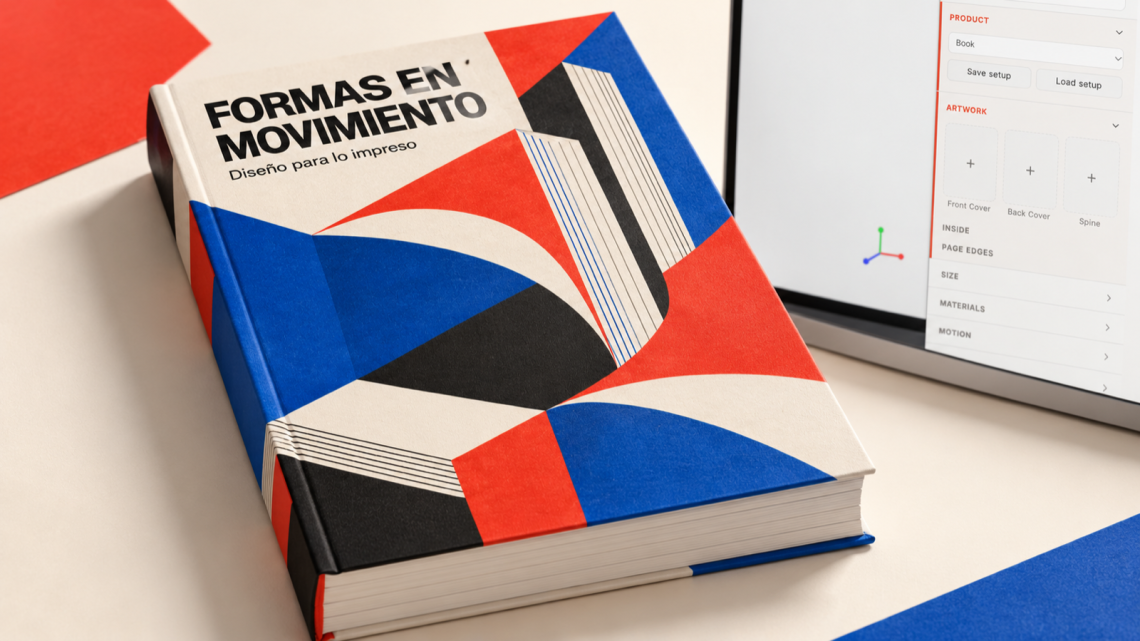 Libro de diseño editorial en mockup 3D, creado para ilustrar Printed Matter Animator.