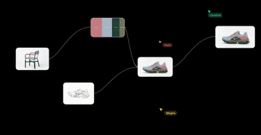 Interfaz de Flora con nodos visuales conectados: referencias, paleta de color y variaciones de un producto.
