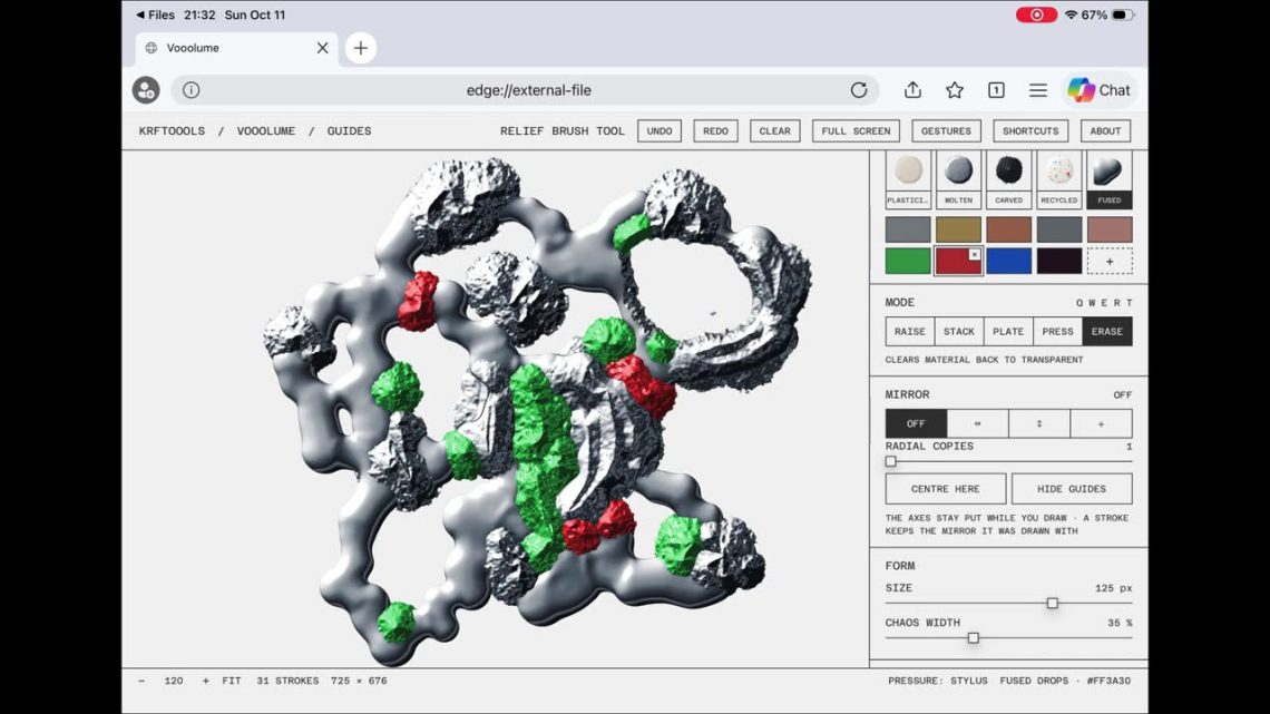 Captura de Vooolume: dibujo digital con materiales en relieve y controles de textura.