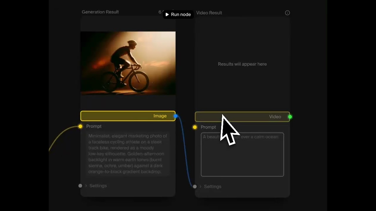 Interfaz de Krea Nodes con un workflow visual conectado para generación de imagen y video
