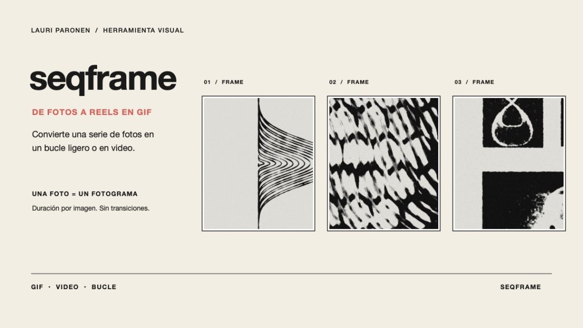 Portada de Seqframe con tres fotogramas del demo; la herramienta convierte series de fotos en GIF o video.