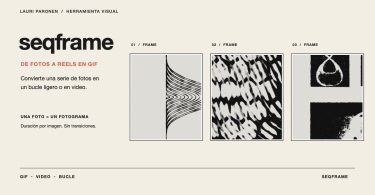 Portada de Seqframe con tres fotogramas del demo; la herramienta convierte series de fotos en GIF o video.