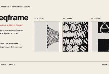 Portada de Seqframe con tres fotogramas del demo; la herramienta convierte series de fotos en GIF o video.
