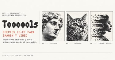 Portada editorial de Tooooools con muestras visuales de los efectos stippling, dithering y distorsión.